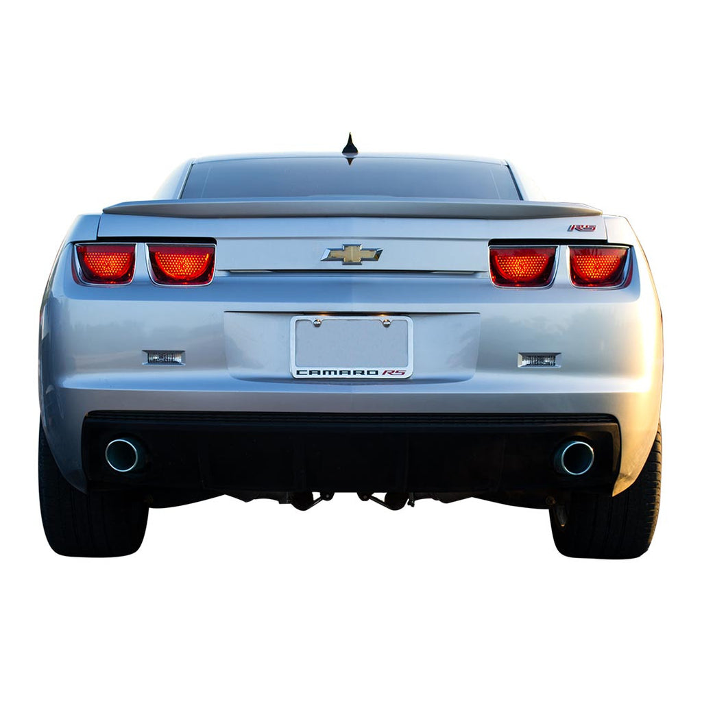 Rear view of a silver 2010 - 2015 Chevy Camaro RS V6 with a Paradox Axle Back Exhaust with dual exhaust tips.