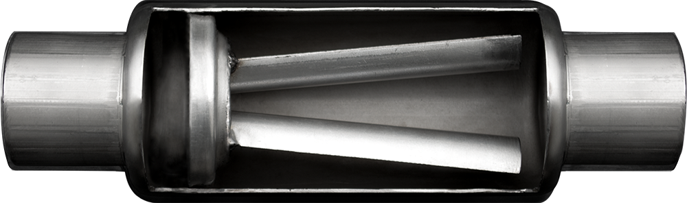 Cutaway of a Paradox Hot Tamale Performance Muffler, showing the internals.