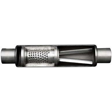 The internals of a Paradox Signature Series Performance Muffler, showing the patented Tuning Fork Technology.