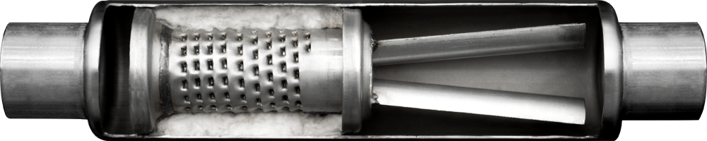 A Paradox Signature Series Performance Muffler cutaway, showing the internals.