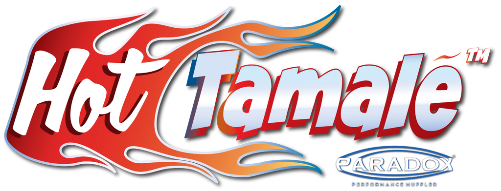 The 'Hot Tamale' logo from Paradox Performance Muffler, featuring stylized red and orange flames with white and red lettering.