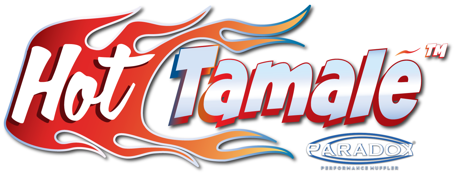 The 'Hot Tamale' logo from Paradox Performance Muffler, featuring stylized red and orange flames with white and red lettering.