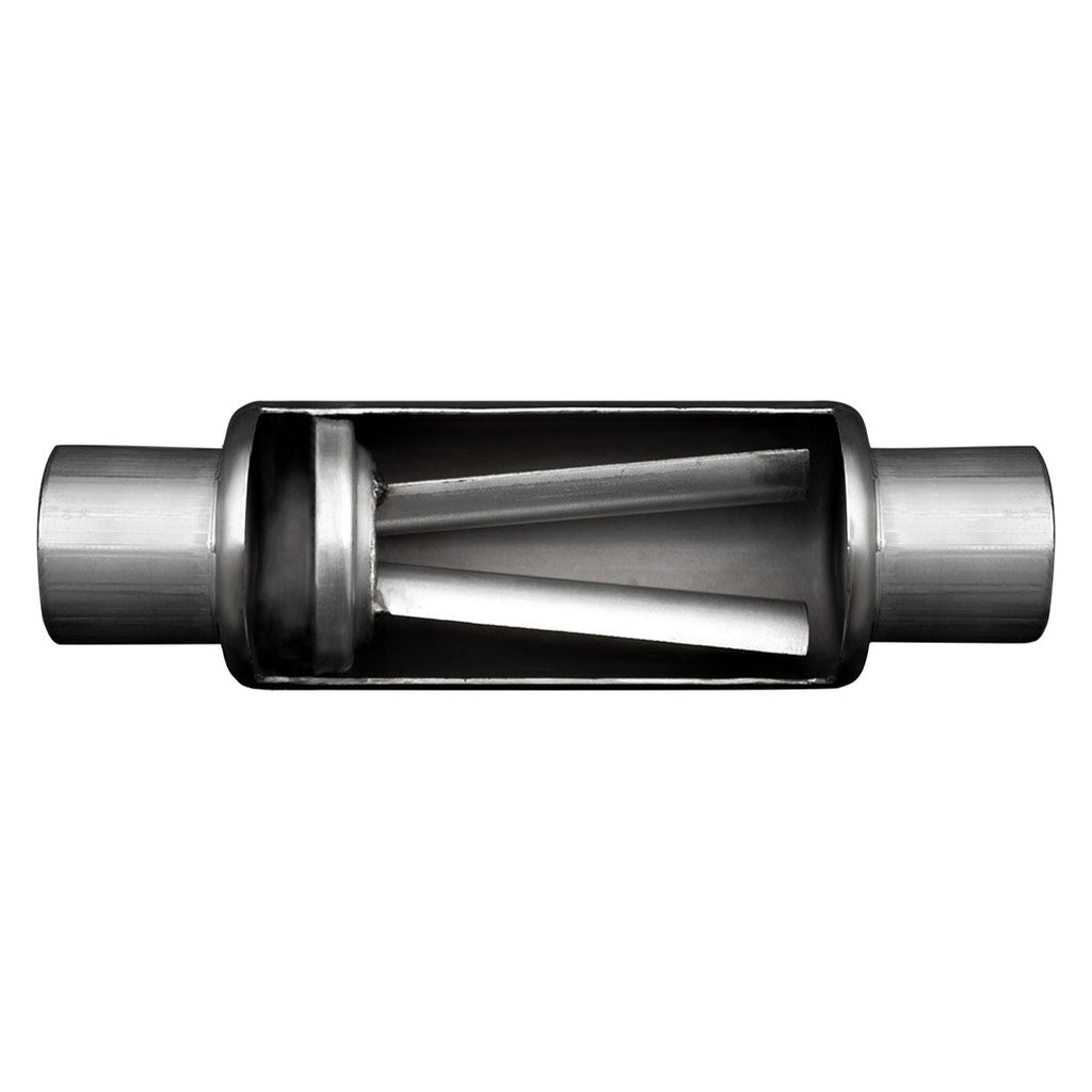 Cutaway of a Paradox Hot Tamale Performance Muffler, showing the internals.