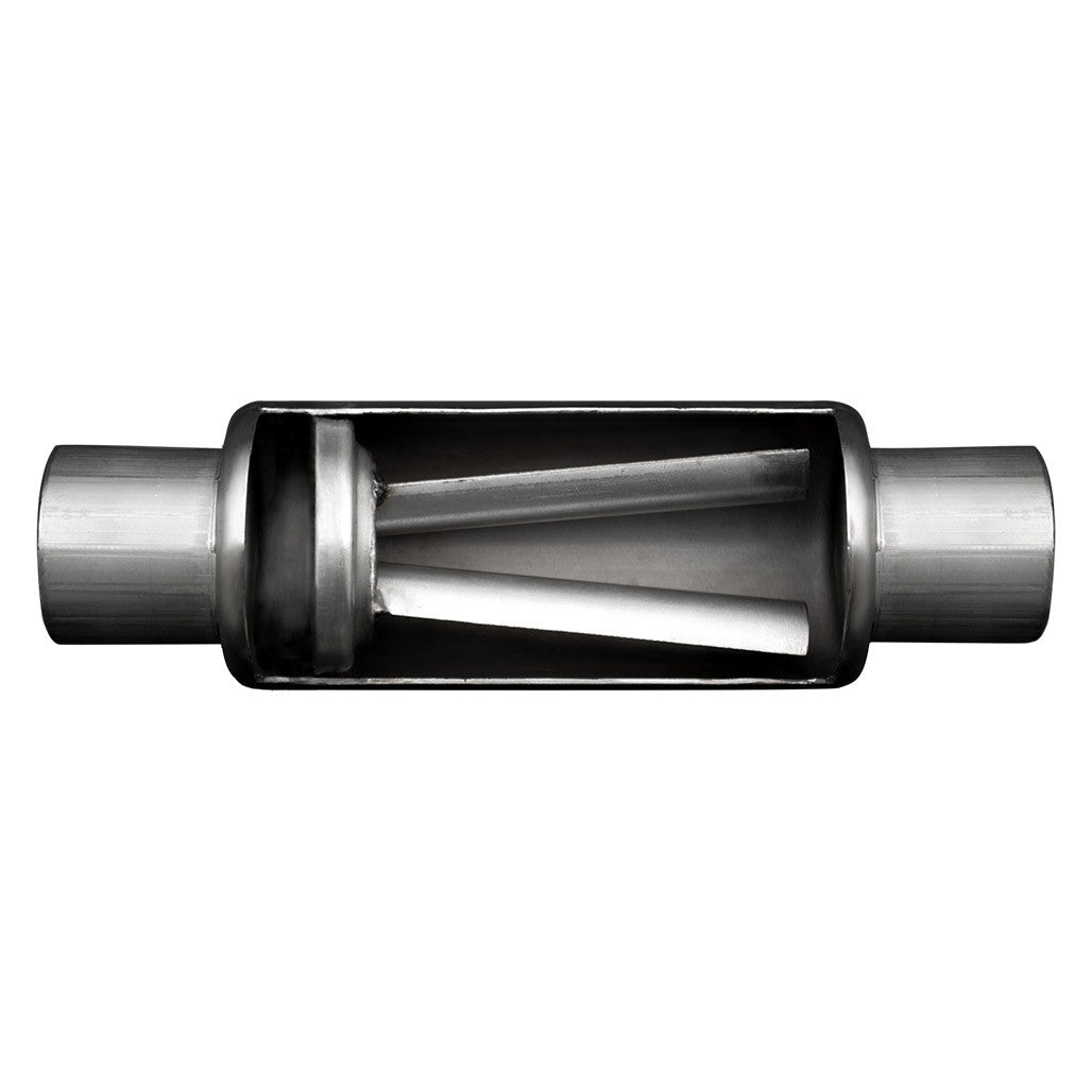 Cutaway of a Paradox Hot Tamale Performance Muffler, showing the internals.