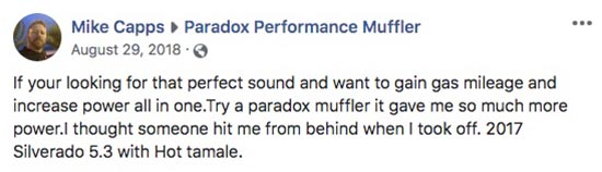 Screen capture of a Facebook post praising the Paradox Hot Tamale Muffler on a 5.3 Chevy Silverado 1500.